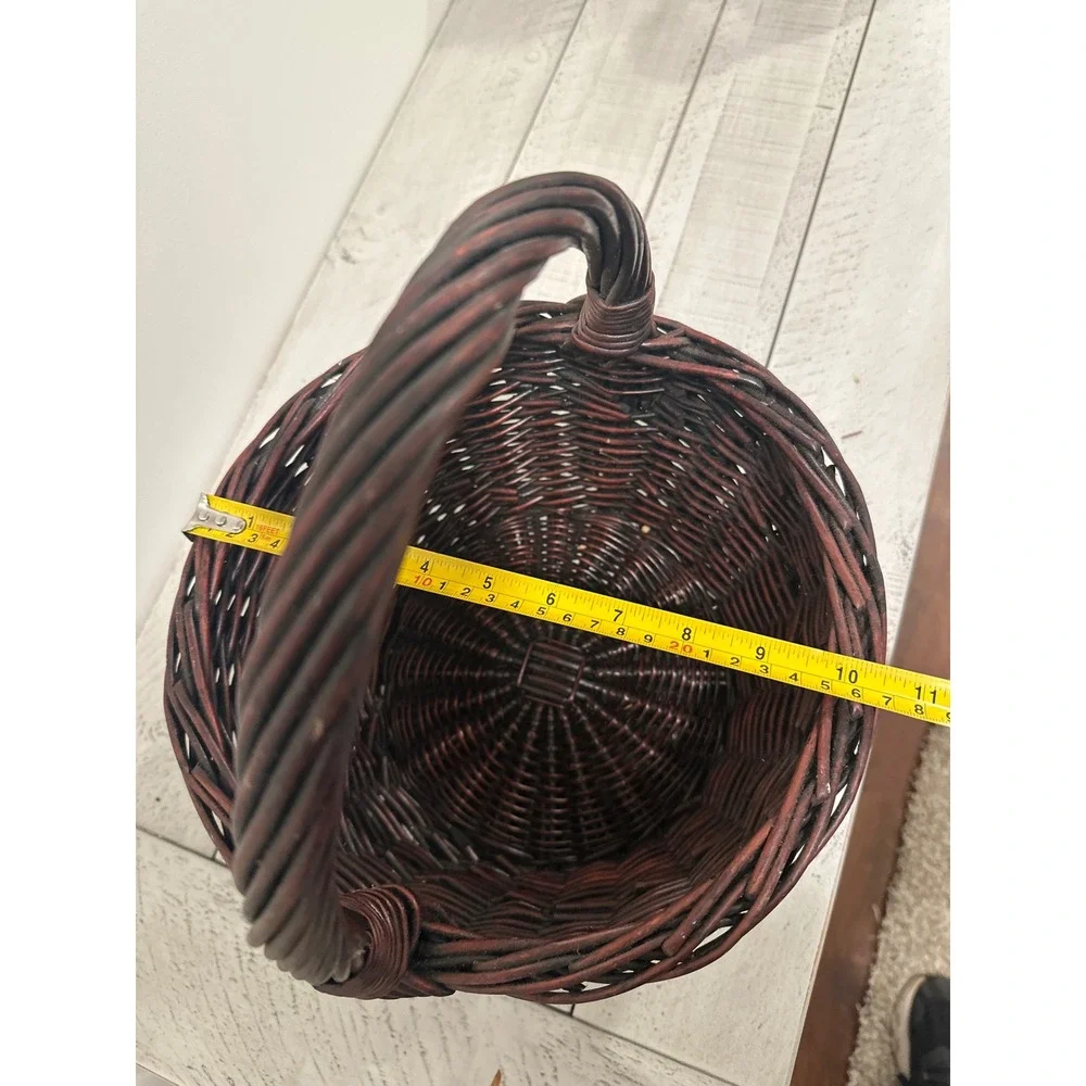 Dark Brown Woven Wicker Basket with Twisted Handle Round Decorative Storage